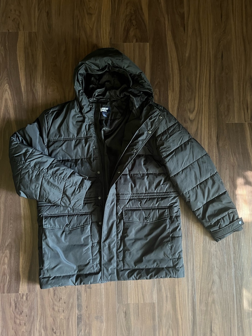 Lands' End Men's Hooded Puffer Jacket in Black
